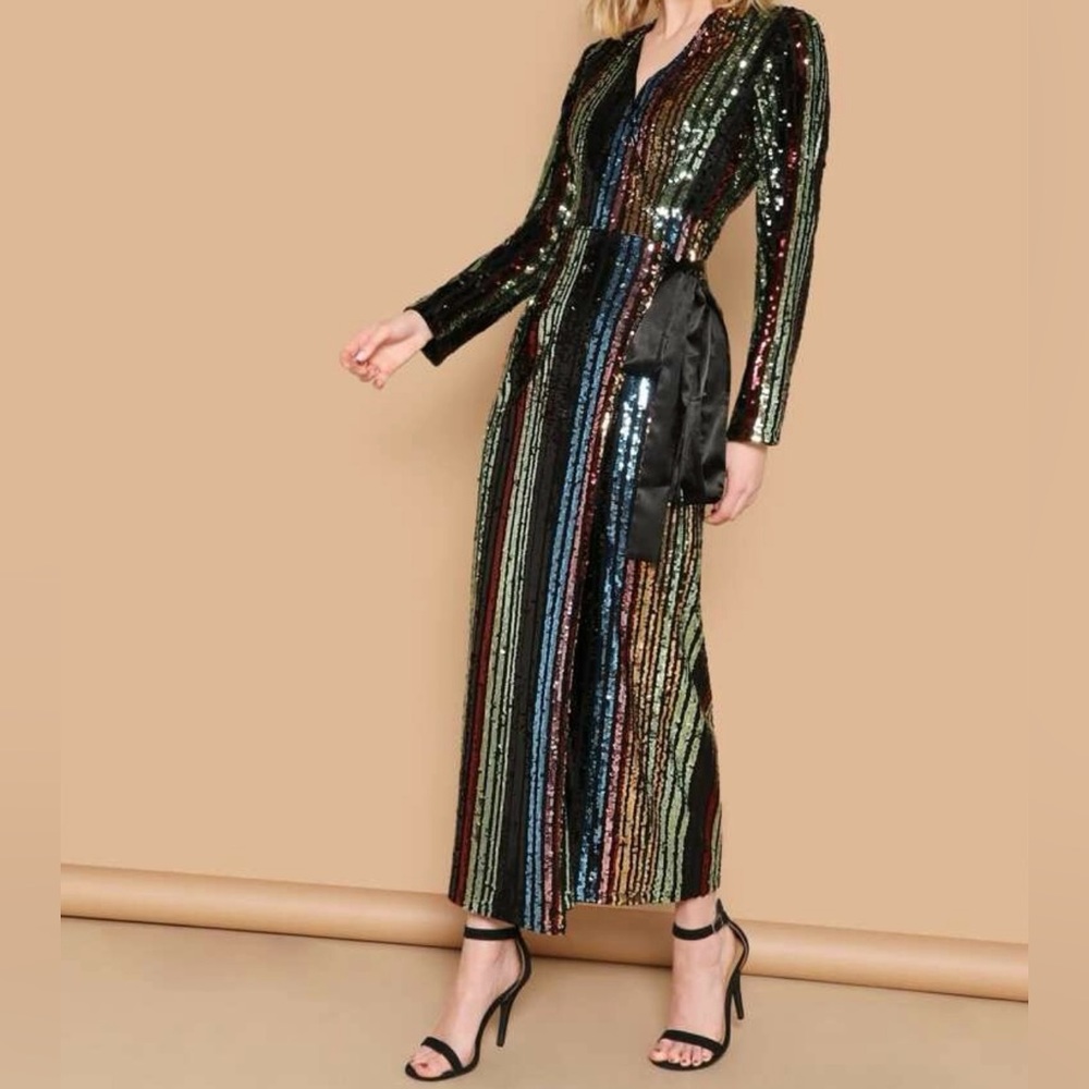 Striped sequin wrap dress